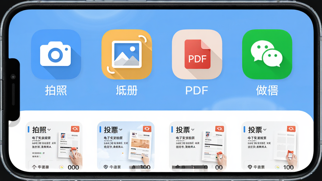 ���ӷ�Ʊ����ר�� �෽ʽ���뷢Ʊ���ܽ��棬�ֻ���Ļչʾ�ĸ�ͼ�꣺���ա���ᡢPDF��΢�ţ��·��з�Ʊ�б�����ͼ���������룬��ƽ����ƣ����������ϸ��Բ�󣬻����������޶���Ԫ��