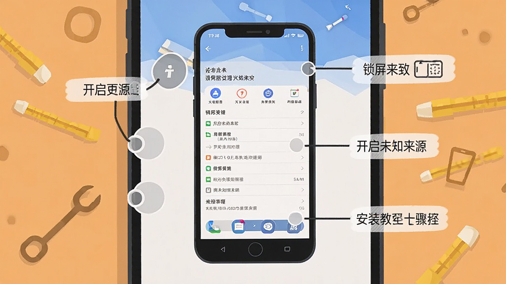 锁屏大全安装教程步骤示意图,手机界面显示设置中开启未知来源,简洁扁平插画风格,主体突出,布局居中,细节标注清晰,画质干净无多余元素