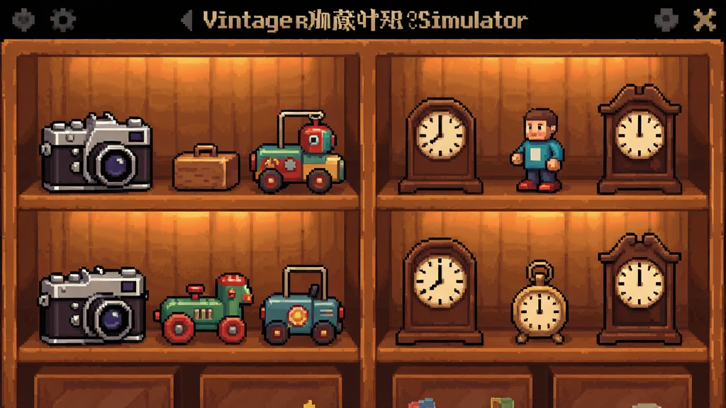Vintage Marketplace Simulator ��Ϸ�е��ղعݽ��棬չʾ���ϰڷ��Ÿ��ָ�����Ʒ��������ʽ�����������ߺ͹Ŷ��ӱ������ů�⣬����������񣬲������룬���������ɾ�