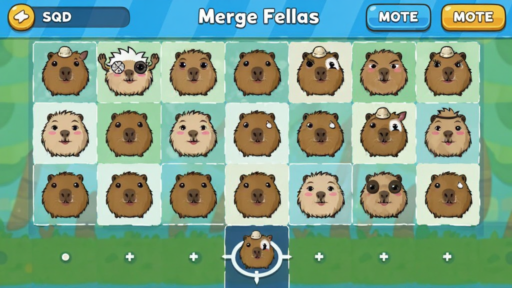 һ����ΪMerge Fellas���ֻ���Ϸ�������ͼ�����������Ǻϲ����̣������ϰڷ��Ÿ��ֿɰ��Ŀ�ͨ�����ģ���ɫ����Tung Tung Sahur��Brr Brr Patapim��ˮ��ȣ�����ɫ���������죬������ʾ������ģʽѡ��ť���ײ�����׼��ָʾ����λ�ã�������ͨ���У������������ɾ��޶���Ԫ��