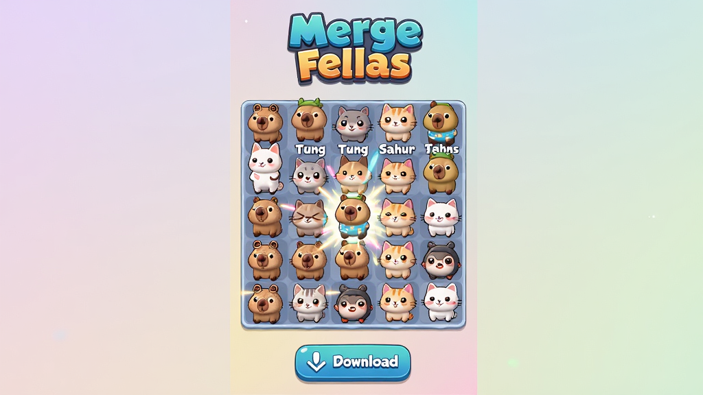 һ����ΪMerge Fellas���ֻ���Ϸ��������ͼ������չʾ��Ϸ�еĺϲ��淨������ɰ��Ŀ�ͨ��ɫ��Tung Tung Sahur��ˮ�ࡢè��������������ϣ��кϲ���Ч�Ĺ�Ч������Ϊ��͵Ľ���ɫ�ʣ���������ϷLogo���ײ������ذ�ť��ʽ���������������У�����ϸ�壬�ɾ��޶���Ԫ��