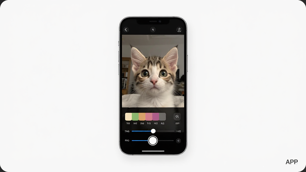 小猫补光灯APP界面展示,主体是手机屏幕中显示的自拍补光预览画面,布局为居中放置手机,排版简洁,风格为现代科技感,细节包括屏幕中的色板和调节滑块,画质清晰干净无多余元素