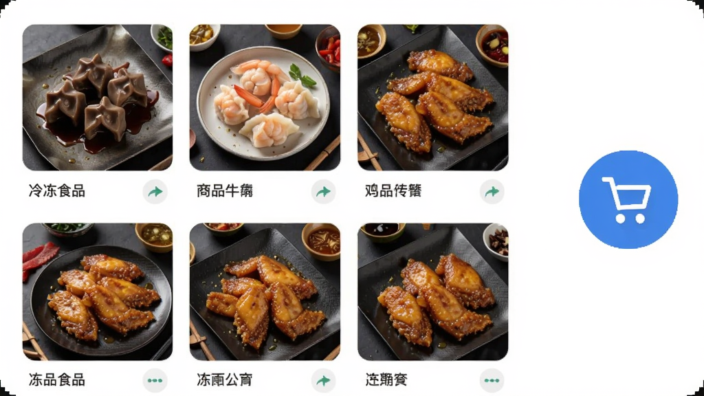��Ʒ����App��Ʒ�б�ҳ�棬չʾ�����䶳ʳƷ��ţ���衢Ϻ�ȡ�����ȣ������࣬���ﳵͼ����Ŀ������Ϊ��ɫ��������£������������޶���Ԫ��