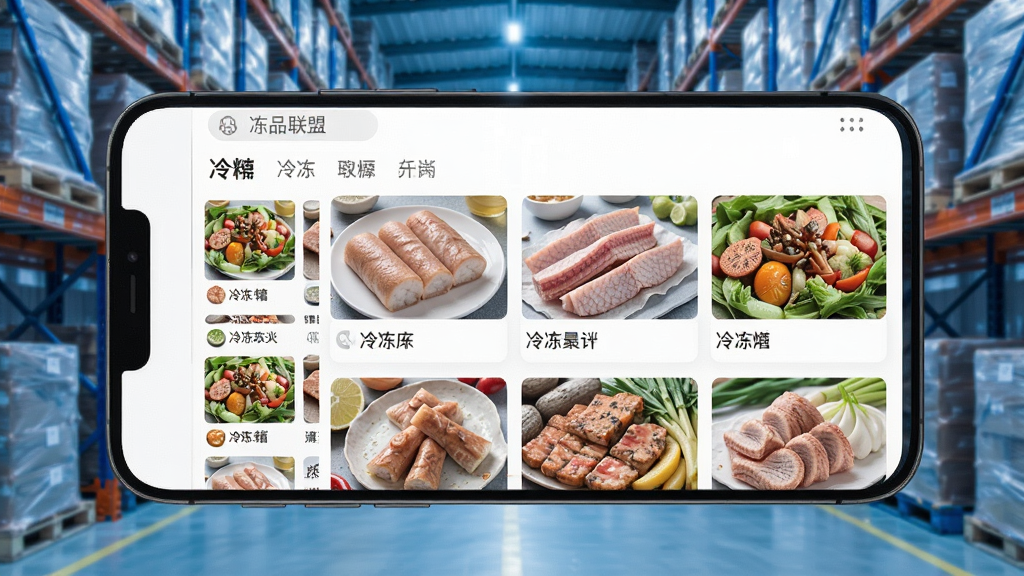 �ֻ���Ļ��չʾ��Ʒ����App��ҳ���棬����Ƶ���������У��䶳ʳ��ͼƬ�ḻ������Ϊ��ɫ�������ֿⳡ��������ɾ����࣬�����������޶���Ԫ��