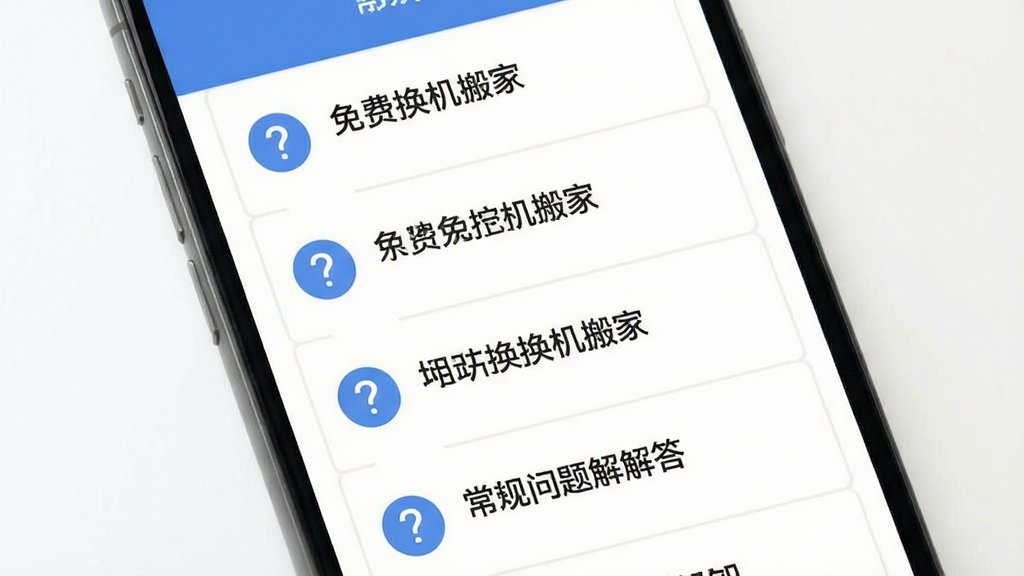 免费换机搬家 常见问题 解答页面 主体手机屏幕显示问答列表 布局上下排列 排版清晰 风格扁平化 细节问号图标和文字 画质干净 无多余元素