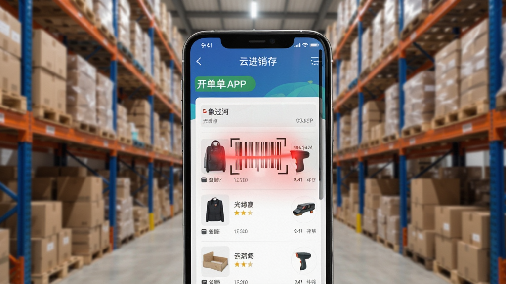 手机屏幕显示象过河云进销存APP的开单界面,主体为手机与仓库货架,布局居中,排版简洁,风格为写实商务,细节包含条码扫描光效与商品列表,画质清晰,干净,无多余元素