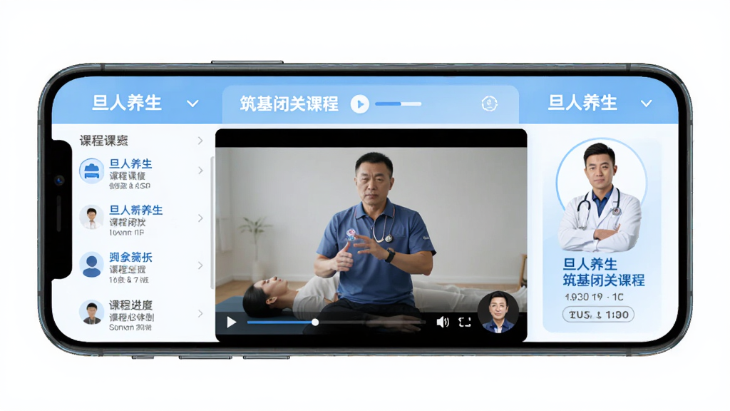 ��������APP�����չؿγ̽��棬����Ϊ�ֻ���ʾ����������Ƶ���棬����Ϊ�����������γ��б�����Ƶ���������Ű����룬���Ϊרҵҽ�ƿ���ǳ��ɫ����ϸ�ڰ����γ̽��Ⱥͽ���ͷ�񣬻��������ɾ��޶���Ԫ��