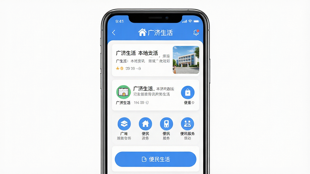 广济生活App界面展示,手机屏幕中呈现本地资讯列表和便民服务图标,主体为一部智能手机,布局居中,排版清晰,风格为现代简约扁平化设计,细节包括蓝色主色调、资讯卡片和图标按钮,画质高清,干净无多余元素,画面中文字标注“广济生活”