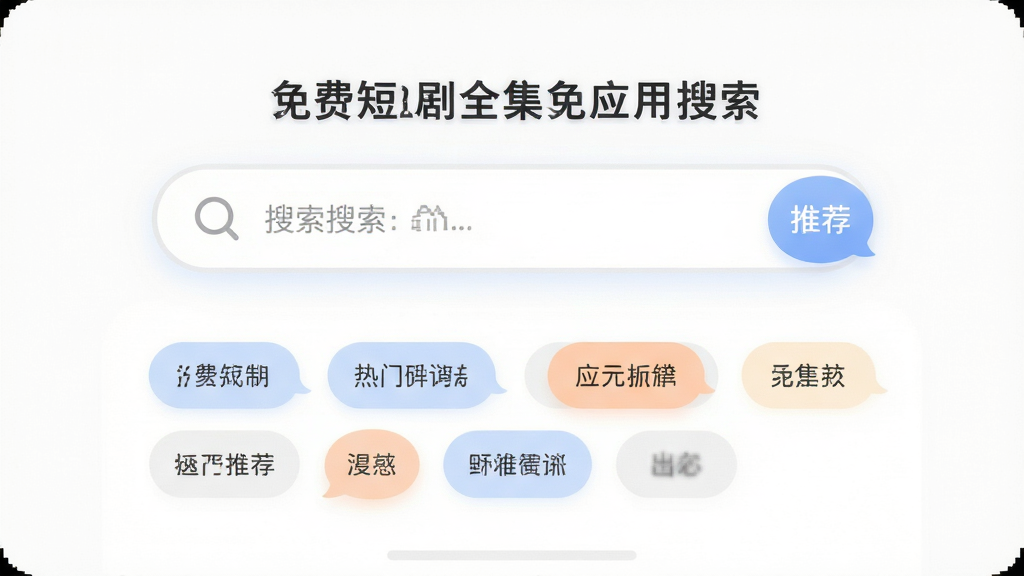 免费短剧全集免应用搜索界面,主体为搜索框和热门关键词标签,布局居中对称,排版宽松舒适,风格柔和圆角,细节包括放大镜图标和推荐词气泡,画质细腻,干净,无多余元素