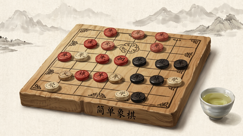 一幅中国风象棋对弈场景插画,画面中央是木质棋盘与红黑棋子,旁边放置一杯清茶,背景为淡雅宣纸纹理与远山轮廓,整体风格为水墨国风,细节包括棋子上的汉字刻痕、棋盘格线、柔和光影,画质清晰干净,无多余元素,画面中带有