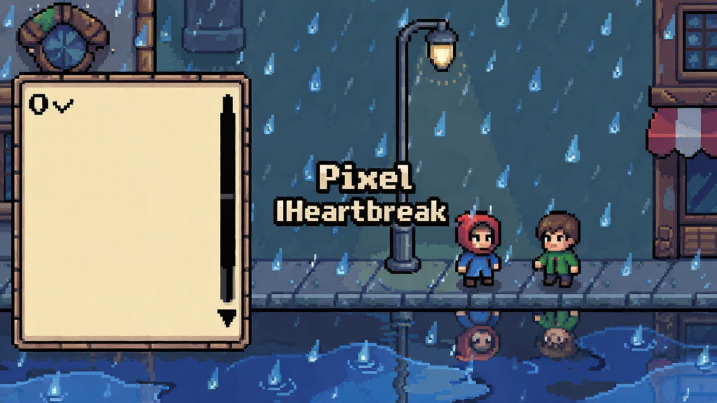 ���ط����Ϸ���棬����Ϊ��������С��վ�����нֵ�������Ϊ��������ӽǣ��Ű����Ϊ�Ի����Ҳ�Ϊ���������Ϊ��������������ϸ�ڰ�����Ρ�·�ơ���ˮ��Ӱ�����������ɾ��޶���Ԫ�أ����������С�Pixel Heartbreak������