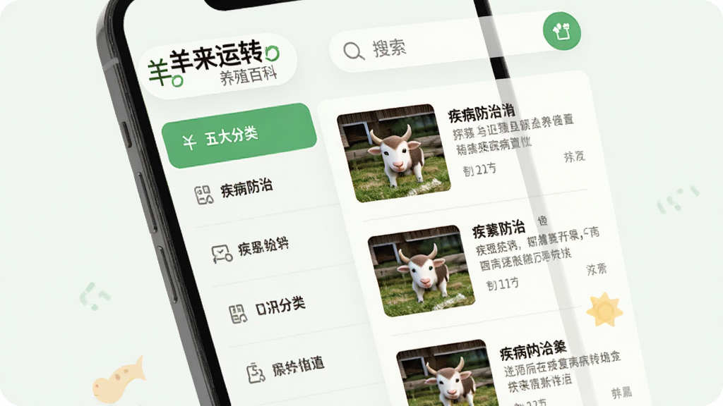 手机屏幕展示“羊来运转”养殖百科页面,画面左侧为五大分类导航栏,右侧显示疾病防治文章列表,顶部有搜索框,整体排版整洁,浅色背景配绿色点缀,扁平化UI风格,干净无杂乱元素,画质清晰