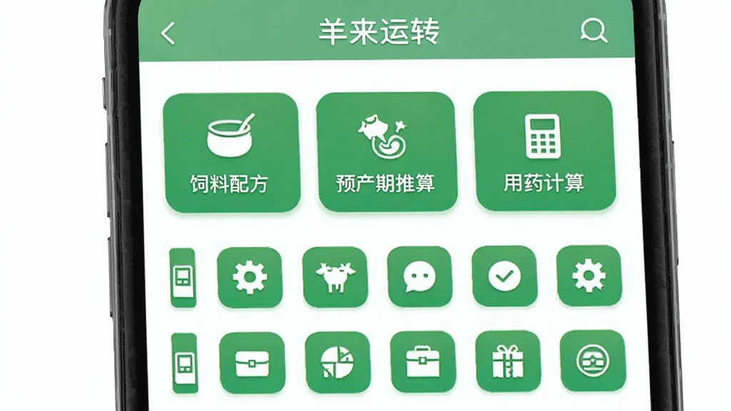 手机屏幕展示“羊来运转”应用首页,画面中央三个大按钮分别标注“饲料配方”“预产期推算”“用药计算”,下方排列十二个小图标代表工具箱功能,整体布局清晰整齐,扁平化设计风格,绿色主色调,背景干净无多余元素,画质清晰,适合应用商店截图