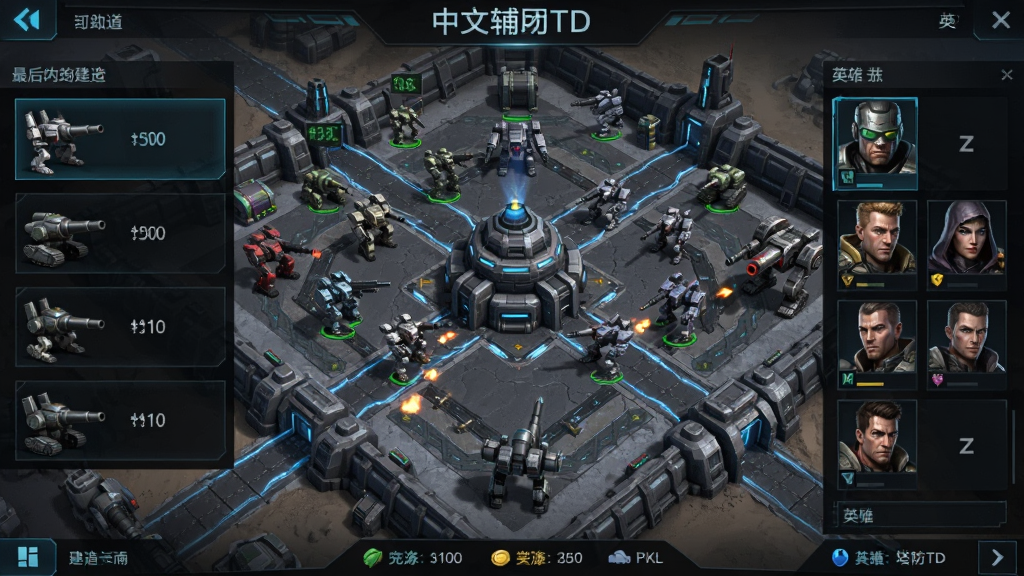 最后的军团:塔防TD(中文辅助菜单)游戏主界面,主体为未来科幻基地俯瞰图,布局左侧显示炮塔建造菜单右侧显示英雄角色列表,排版采用深色科技风格,细节包含机甲敌人进攻路线和资源数值,画质高清干净无多余元素