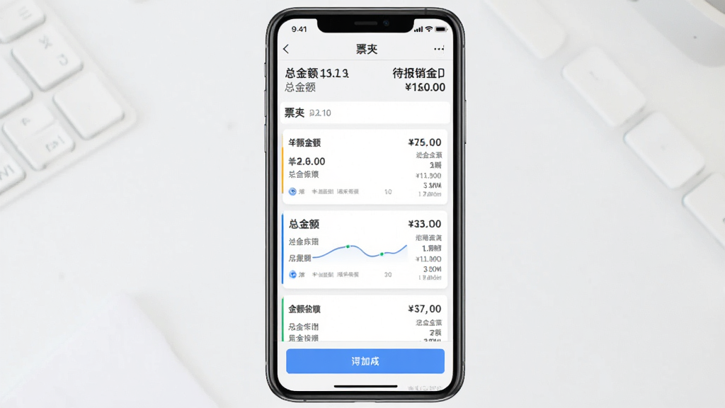 报销电子发票通软件界面截图,手机屏幕显示票夹页面,发票列表整齐排列,顶部显示总金额与待报销金额,底部有导入按钮,整体风格简洁商务,画质清晰干净