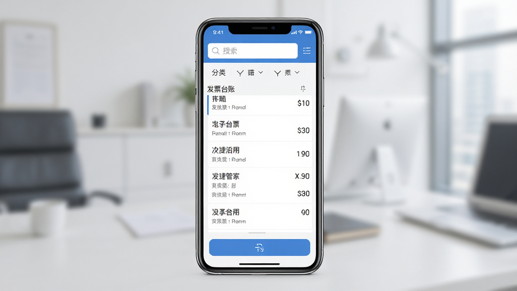 电子发票快捷管家 软件主界面展示,手机屏幕中央显示发票台账列表,顶部有搜索框和分类筛选标签,底部有录入按钮,整体布局清晰简洁,风格现代商务,浅色背景,干净无多余元素,高清画质