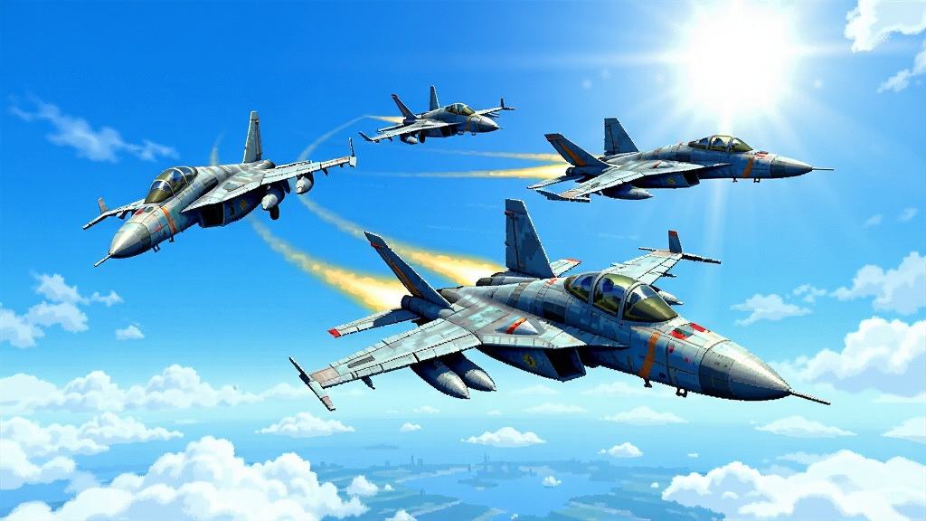 战机打击:空战 游戏界面 多架战机编队飞行 明亮天空背景 街机风格 细节丰富 高画质 干净 无多余元素
