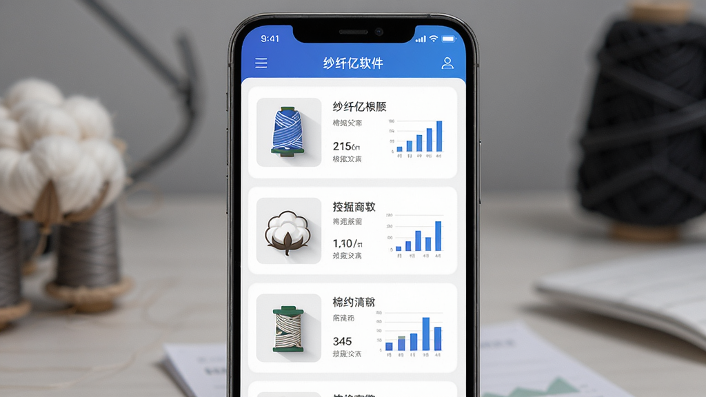 纱纤亿软件界面展示,主体为手机屏幕显示棉纺商品列表,布局居中,排版简洁,风格为现代商务科技风,细节包含纱线、棉花图标与数据图表,画质清晰,干净,无多余元素