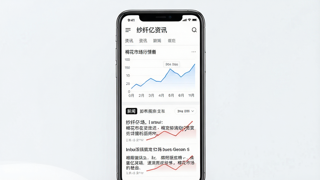 纱纤亿资讯页面展示,主体为手机屏幕呈现棉花市场行情图表与新闻列表,布局上下结构,排版清晰,风格为资讯阅读类,细节包含折线图与文字标题,画质清晰,干净,无多余元素