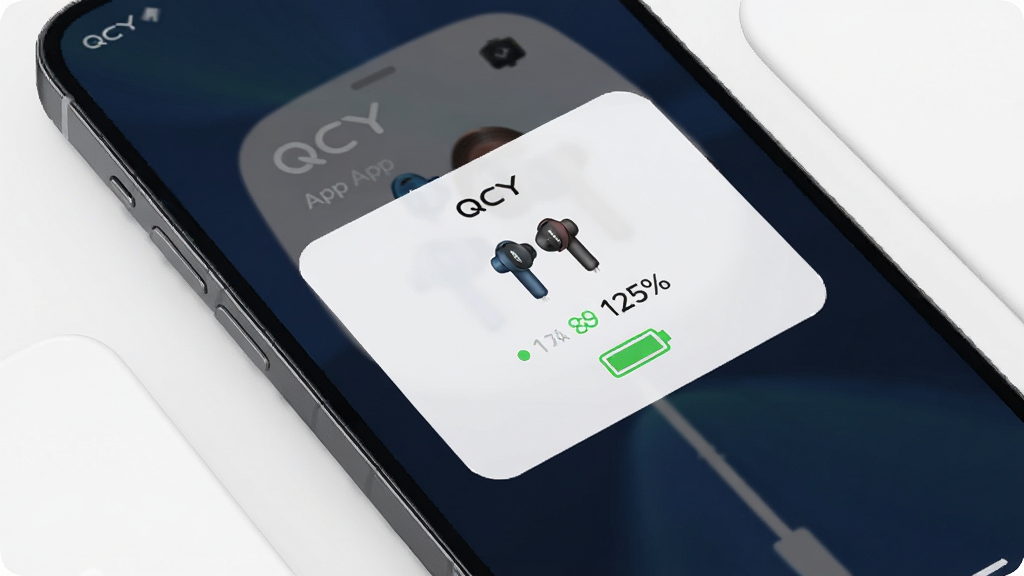 QCY�������ֻ��������ӽ���չʾ������Ϊһ�������ֻ���Ļ��ʾQCY App���������־��У��Ű��࣬���Ƽ��ִ���ϸ�ڰ�������ͼ��͵����ٷֱȣ������������ɾ����޶���Ԫ��