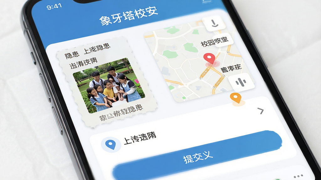 手机界面展示校园安全隐患上报页面,主体为手机屏幕特写,布局为上报表单和地图标注点,排版简洁明了,风格为扁平化UI设计风格,细节包括隐患照片上传框、位置定位图标、提交按钮,画质高清,干净,无多余元素,图片中文字“象牙塔校安”
