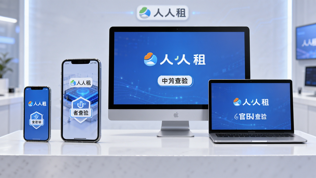 人人租平台官方查验场景,主体为手机和电脑设备整齐排列在展示台上,布局为居中构图,排版简洁,风格为现代科技感,细节包括设备屏幕显示人人租Logo和查验标识,画质清晰,干净,无多余元素