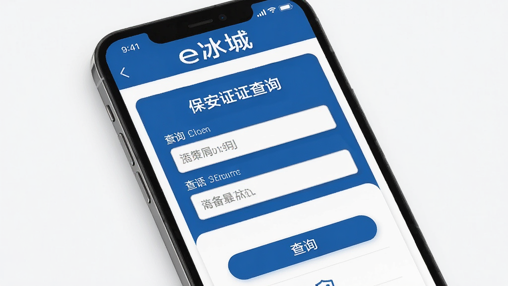 手机屏幕显示“e冰城”保安证查询页面,主体为查询表单和结果卡片,布局为上下结构,排版整齐,风格为政务蓝白配色,细节包含输入框和查询按钮,画质高清,干净,无多余元素