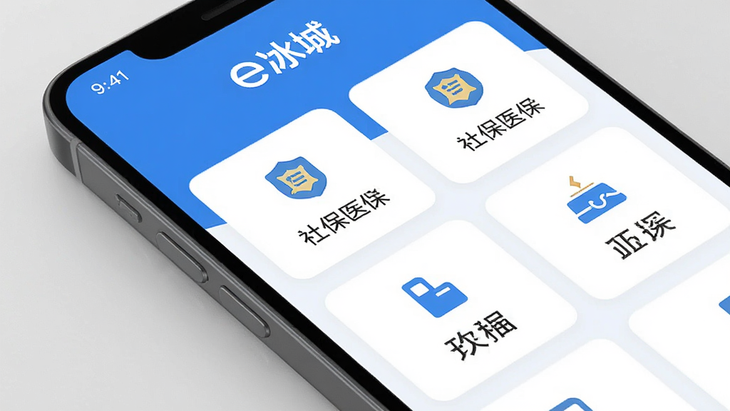 手机屏幕展示“e冰城”应用界面,主体为蓝白色调政务风格,布局为首页卡片式功能入口排列,排版简洁清晰,风格为扁平化政务设计,细节包含社保医保公积金等图标,画质高清,干净,无多余元素