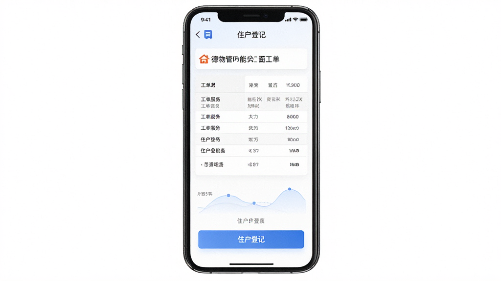 德物管APP物业管理功能界面,主体为手机屏幕中显示工单服务和住户登记页面,布局为手机正面展示,背景为干净的白色,风格为简洁商务风,细节包括清晰的表格和按钮,画质高清,干净,无多余元素