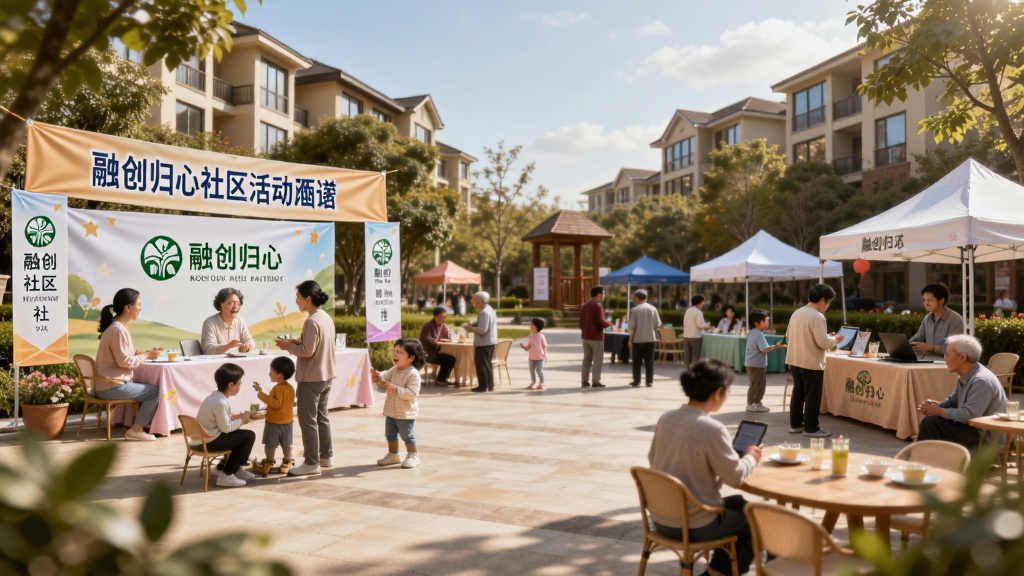 融创归心社区活动场景,主体为业主在小区广场参与社群活动,布局为横向展开的社区全景,排版自然,风格温馨生活化,细节包括活动横幅、人群互动、融创归心logo,画质清晰,干净,无多余元素