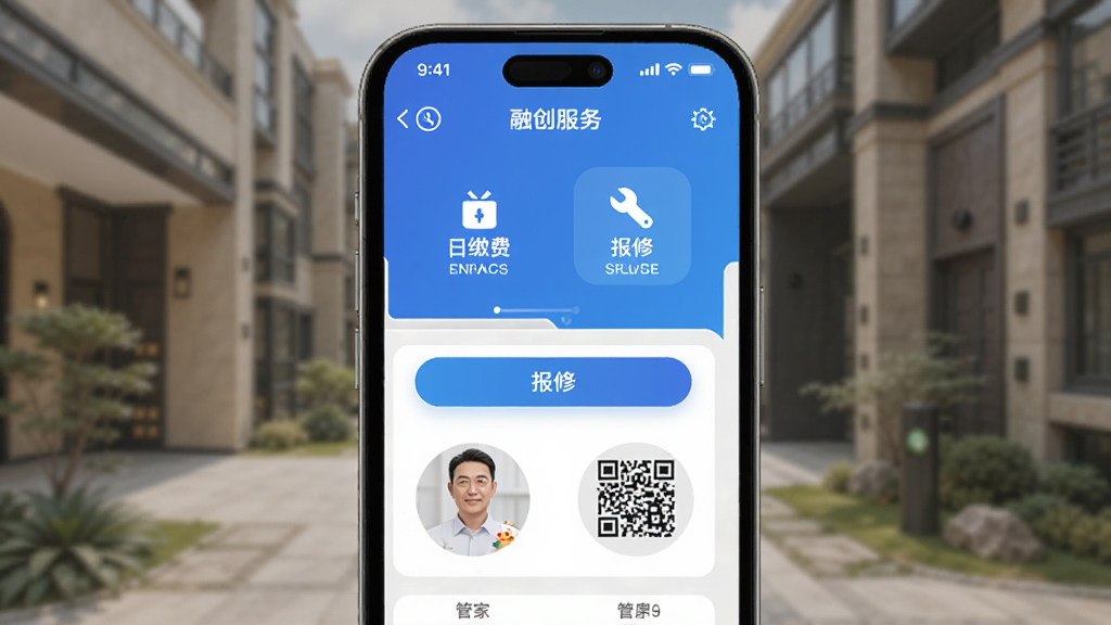 融创归心app界面展示,主体为手机屏幕中显示社区服务首页,布局为居中放置一部智能手机,排版简洁,风格现代科技感,细节包括缴费图标、报修按钮、管家头像、门禁二维码,画质清晰,干净,无多余元素