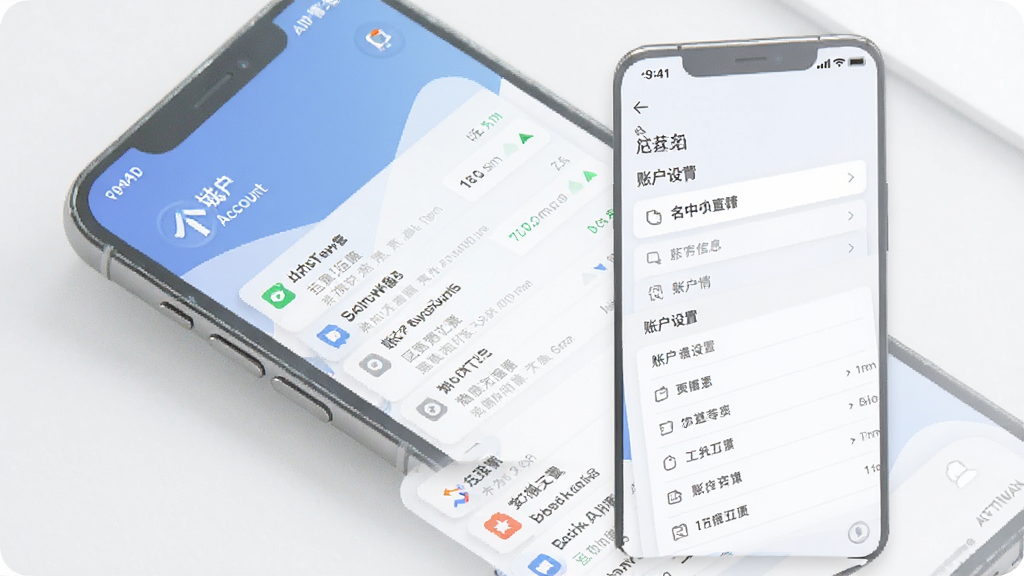 ��������APP�˻�����ҳ�棬����Ϊ�ֻ�����չʾ�����˻���Ϣ������Ϊ����Ƭʽ���У��Ű��������򣬷��Ϊ���¼�Լ����磬ϸ�ڰ���վ�ڶ����б����˻�����ѡ����������ɾ��޶���Ԫ��