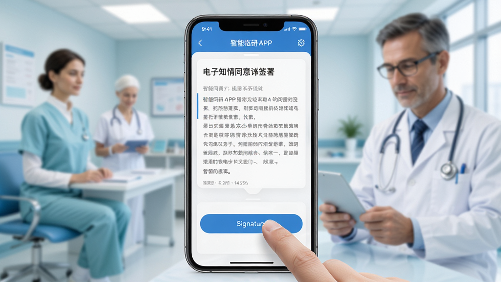 �ֻ���Ļ��ʾ��������APP�ĵ���֪��ͬ����ǩ����棬����Ϊһ�������ֻ������־��У��Ű��࣬���Ϊ�ִ�ҽ�ƿƼ��磬ϸ�ڰ�����ָ���ǩ��ť��������ҽԺ��ҽ���黯Ӱ�񣬻��ʸ��壬�ɾ����޶���Ԫ��