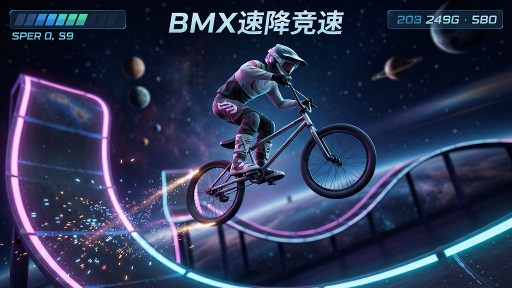 BMX�ٽ�������Ϸ�����棬����Ϊһ�����ּ�ʻBMX���г����޺�̫���������ڿշ�Ծ�����ֲ������Ĺ�ͼͻ�����������г����Ű��Ϸ���ʾ�ٶ���÷����ݣ����Ϊδ���Ƽ���дʵ3D��ϸ�ڰ���������������β���붯̬��Ӱ�����ʸ���ɾ��޶���Ԫ�أ�������������ʾ