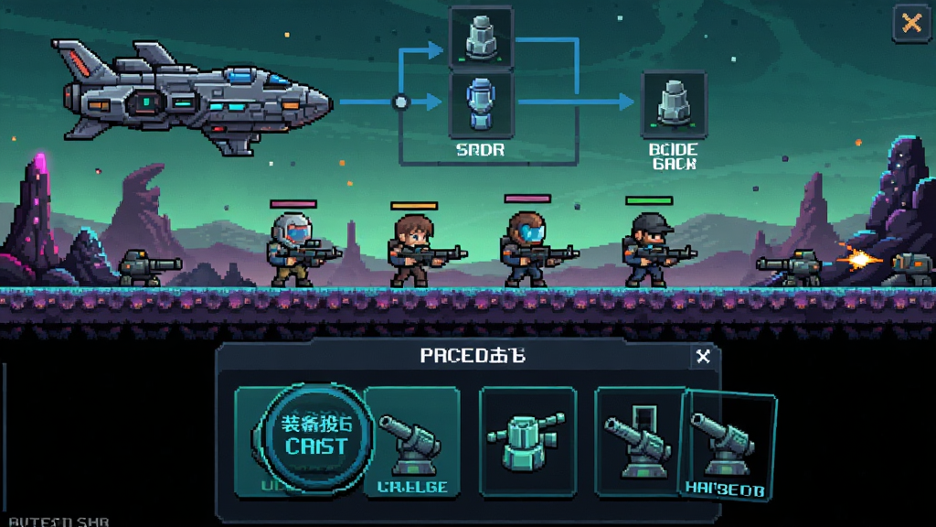 量子小队科幻战术游戏界面展示,像素风格科幻战术小队RPG,画面中央显示四人小队在异星战场执行护送任务,布局为上下分栏,上方显示母舰升级路线,下方显示装备改装面板,风格为像素艺术与科幻融合,细节包括轨道精准打击按钮和哨戒炮塔图标,画质清晰干净,无多余元素