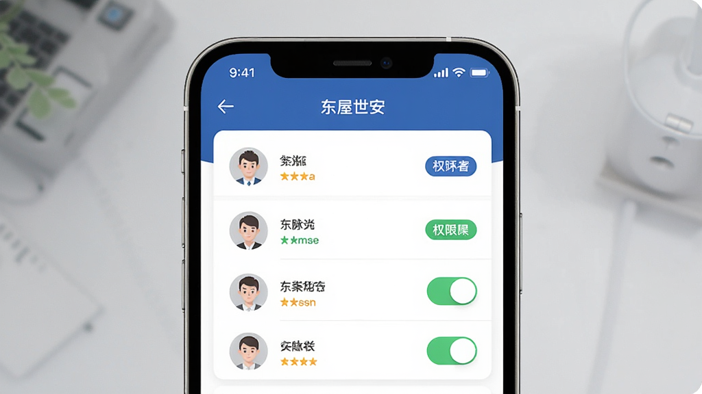 东屋世安APP管理静脉锁用户权限界面,主体为手机屏幕显示用户列表与权限开关,布局为上下结构,排版清晰,风格为简约商务,细节包含头像、姓名、权限标签,画质高清,干净,无多余元素