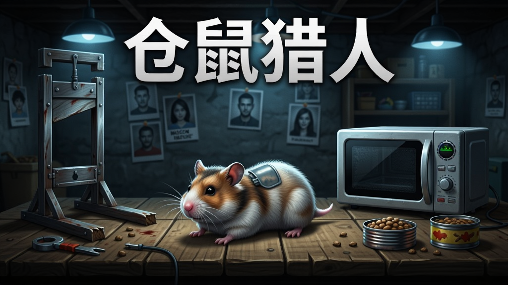 游戏《仓鼠猎人》主视觉图,画面中央是一只被麻醉的仓鼠躺在木质工作台上,周围摆放断头台、微波炉、诱饵罐头等装置,背景是昏暗的家庭地下室,灯光偏冷,墙上贴着失踪家人照片,布局居中对称,排版上方留出标题空间,风格为暗黑恐怖写实,细节包含金属反光、木纹、阴影层次,画质高清,干净,无多余元素