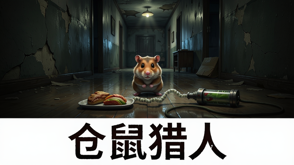 游戏《仓鼠猎人》宣传图,画面主体是一只仓鼠站在昏暗走廊尽头,前方摆放诱饵和麻醉装置,背景是破旧家庭住宅内部,布局采用纵深构图,排版下方留出文字空间,风格为恐怖写实,细节包含地板反光、墙壁裂纹、阴影渐变,画质高清,干净,无多余元素