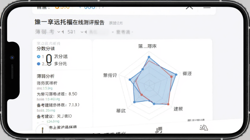 多次元托福在线测评报告页面,主体为手机屏幕展示成绩单和雷达图,布局为手机居中,排版清晰,风格为教育类应用界面,细节包括分数、薄弱项分析、备考建议文字,画质干净无多余元素