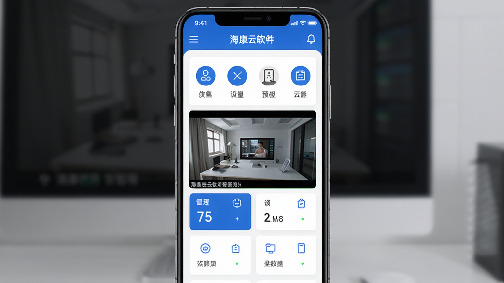 海康云眸软件界面展示,主体为手机屏幕显示设备管理列表与视频预览画面,布局为竖版手机界面居中,排版清晰展示功能图标与数据卡片,风格为简洁科技感,细节包含蓝色主色调、白色背景、图标线条流畅,画质高清干净无多余元素