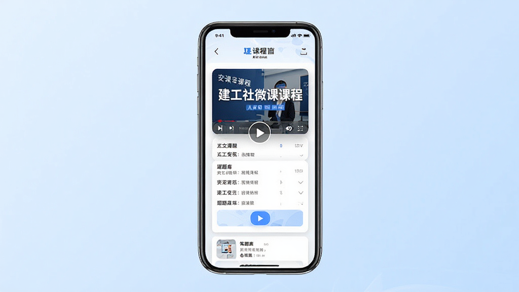 建工社微课程APP界面展示,手机屏幕中显示高清课程播放页面与题库列表,主体为手机居中放置,背景为简洁的浅蓝色渐变,排版整齐,风格商务教育,细节包含课程封面、播放按钮、答题卡片,画质清晰,干净,无多余元素