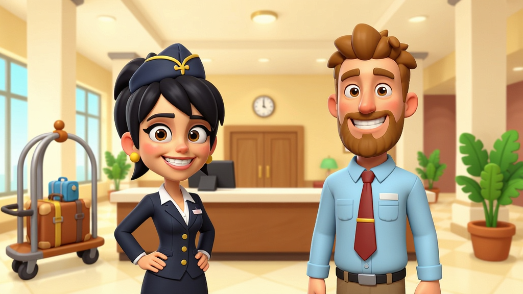����Ƶ���Ϸ��ɫĪ�ݿ���̩��վ�ھƵ�ǰ̨�������������ľƵ���ã�����Ϊ���ҶԳƣ����Ϊ��ͨ���У�ϸ�ڰ���΢Ц���顢�Ʒ����������ֲ������ɾ����࣬�޶���Ԫ�أ����廭��