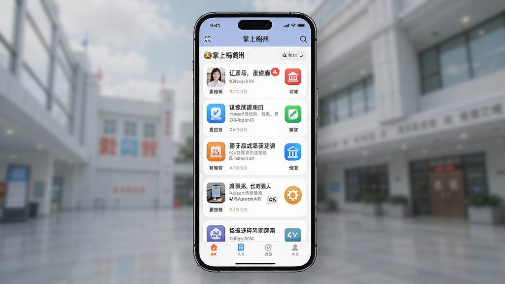 掌上梅州 手机应用界面展示 主体为一部智能手机 屏幕显示新闻资讯列表和政务图标 布局居中 排版简洁 风格现代科技感 细节包括清晰的文字标题和彩色图标 画质 4K 干净 无多余元素