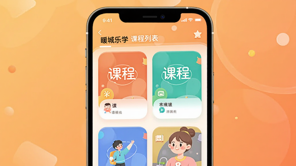 ů����ѧAPP�γ��б�ҳ�棬�ֻ���Ļչʾ��ʿγ̿�Ƭ��ůɫ������������ִ�UI��񣬸ɾ��޶���Ԫ�أ����廭��