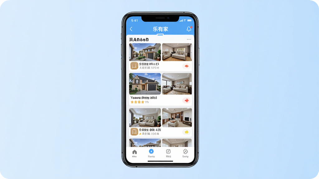 ���м�APP�淿Դ����չʾ���ֻ���Ļ���У���Ļ����ʾ��Դ�б�����ʵ������Ƭ������Ϊǳ��ɫ���䣬��ƽ��UI��񣬻����������ɾ��޶���Ԫ��
