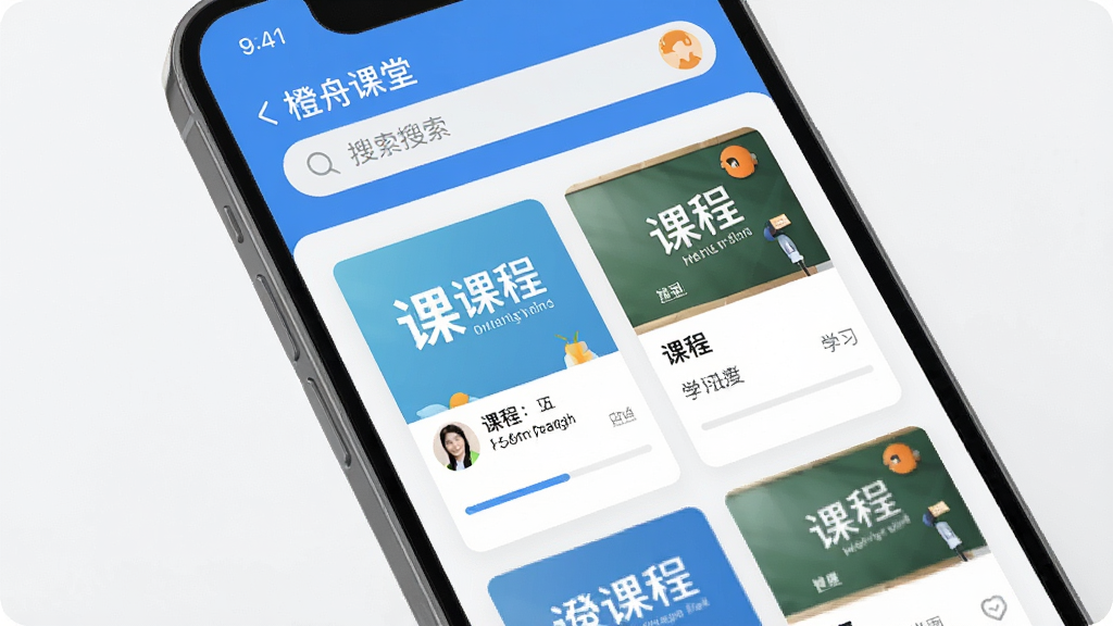 �ֻ���Ļչʾ�����ۿ��á�APP��ҳ���棬����Ϊ�������������в��γ̿�Ƭ�б����Ű������������Ϊ�ִ�������Ӧ�ñ�ƽ����ƣ�ϸ�ڰ����γ̷���ͼ����ʦͷ��ѧϰ�����������ʸ���ɾ��޶���Ԫ��