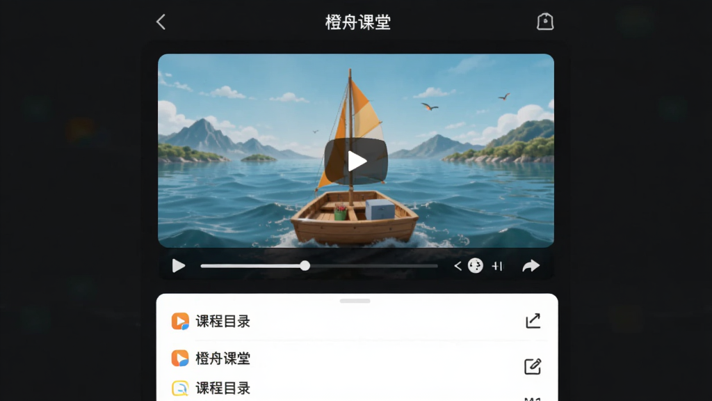 �����ۿ��á�APP�γ̲���ҳ�棬����Ϊ��Ƶ���������·��γ�Ŀ¼�б�������Ϊ���½ṹ���Ű����࣬���Ϊ���߽�����Ӧ����ɫģʽ���棬ϸ�ڰ������Ž����������ٰ�ť���ʼ���ڣ����������ɾ��޶���Ԫ��
