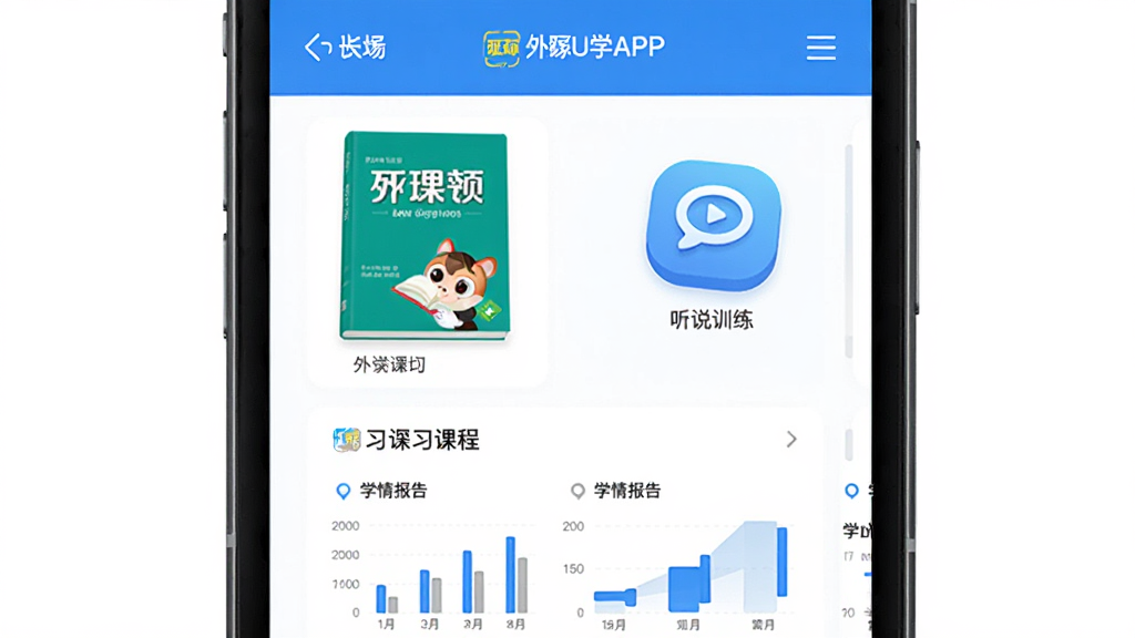 外研U学APP界面展示,主体为手机屏幕显示英语学习课程列表,布局为居中展示,排版简洁清晰,风格为现代教育科技风,细节包括课本封面、听说训练图标、学情报告图表,画质高清干净无多余元素
