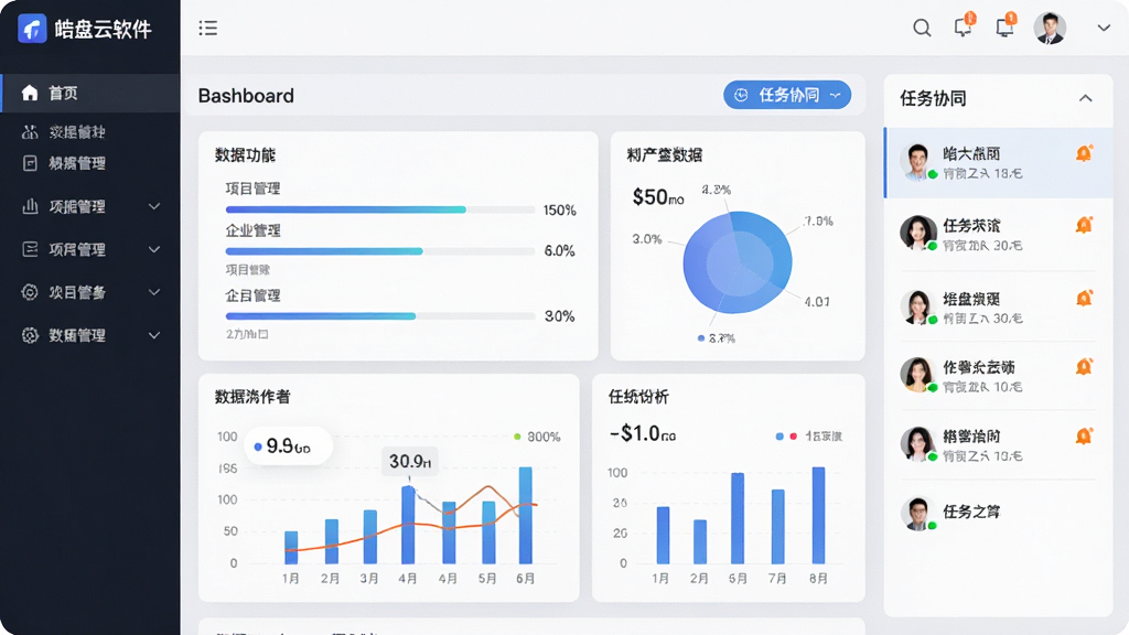 ����ƽ����������棬��������չʾ��ҵ��Ŀ��������������ͼ�������Ϊ���ܵ��������Ҳ�Ϊ����Эͬ�б������ּ���������Ű���ÿ�Ƭʽ��ƣ����Ϊ�ִ�����Ƽ��磬ϸ�ڰ�������������Աͷ������Ϣ����ͼ�꣬���ʸ��壬�ɾ����޶���Ԫ��
