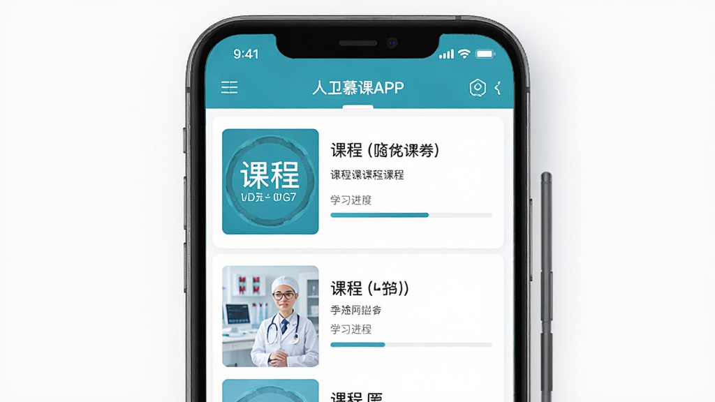 ����Ľ��APP����չʾ������Ϊ�ֻ���Ļ����ʾҽѧ�γ��б�ҳ�棬����Ϊ���з���һ̨�����ֻ����Ű������������Ϊ�ִ���ƽ����ƣ�ϸ�ڰ����γ̷���ͼ���γ��������֡�ѧϰ�����������ʸ���ɾ��޶���Ԫ��